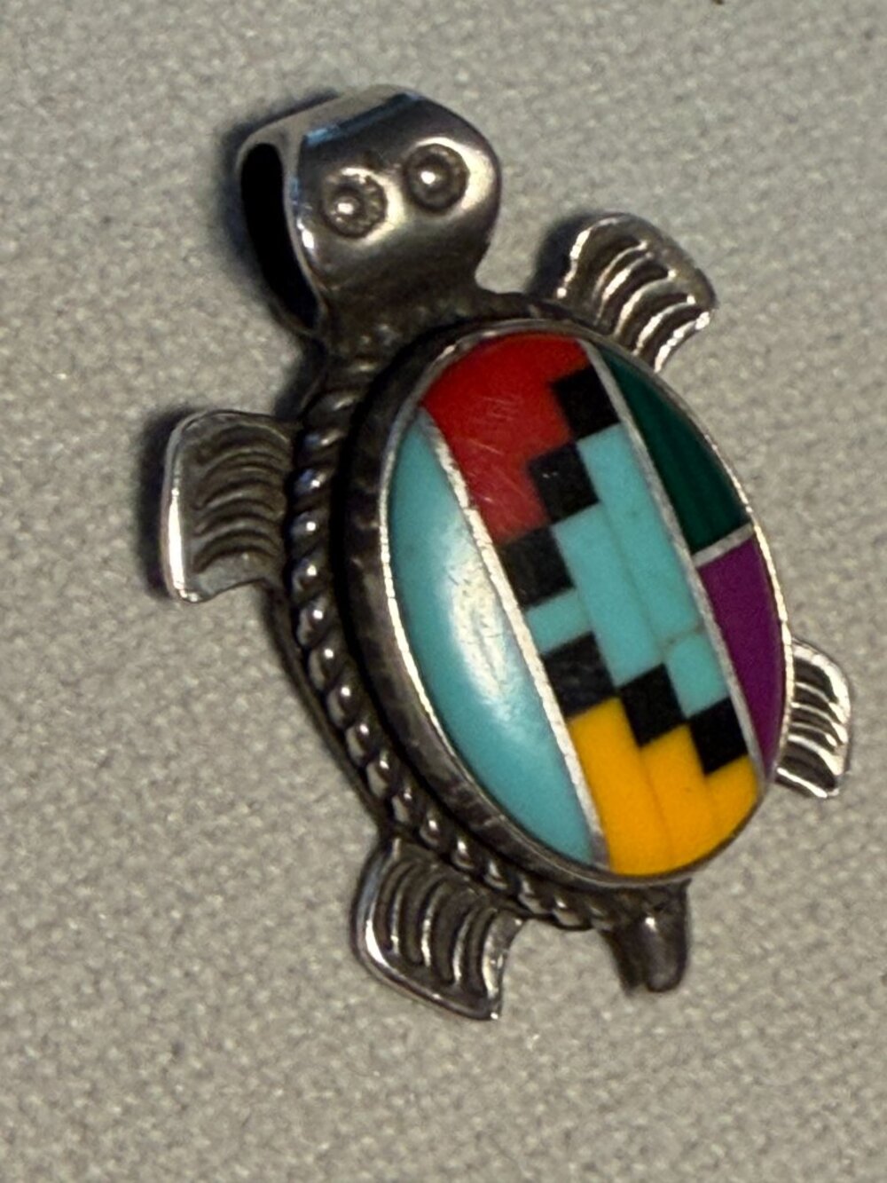 Zuni Style Multistone Inlay Turtle Pendant 925 Sterling Silver Southwestern - Picture 2 of 4